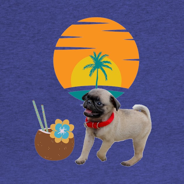 Tiny dog , coco drink and palm tree on sunset background . by KA&KO